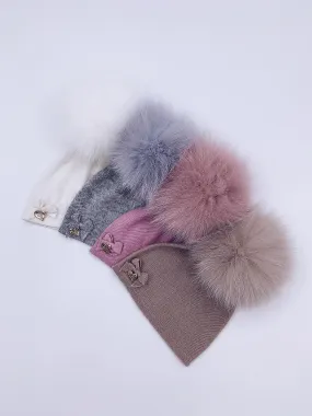 MI LOVES SIGNATURE LUXURIOUS FINE KNIT ANGORA HAT WITH FOX FUR POMPOM (with Bow)