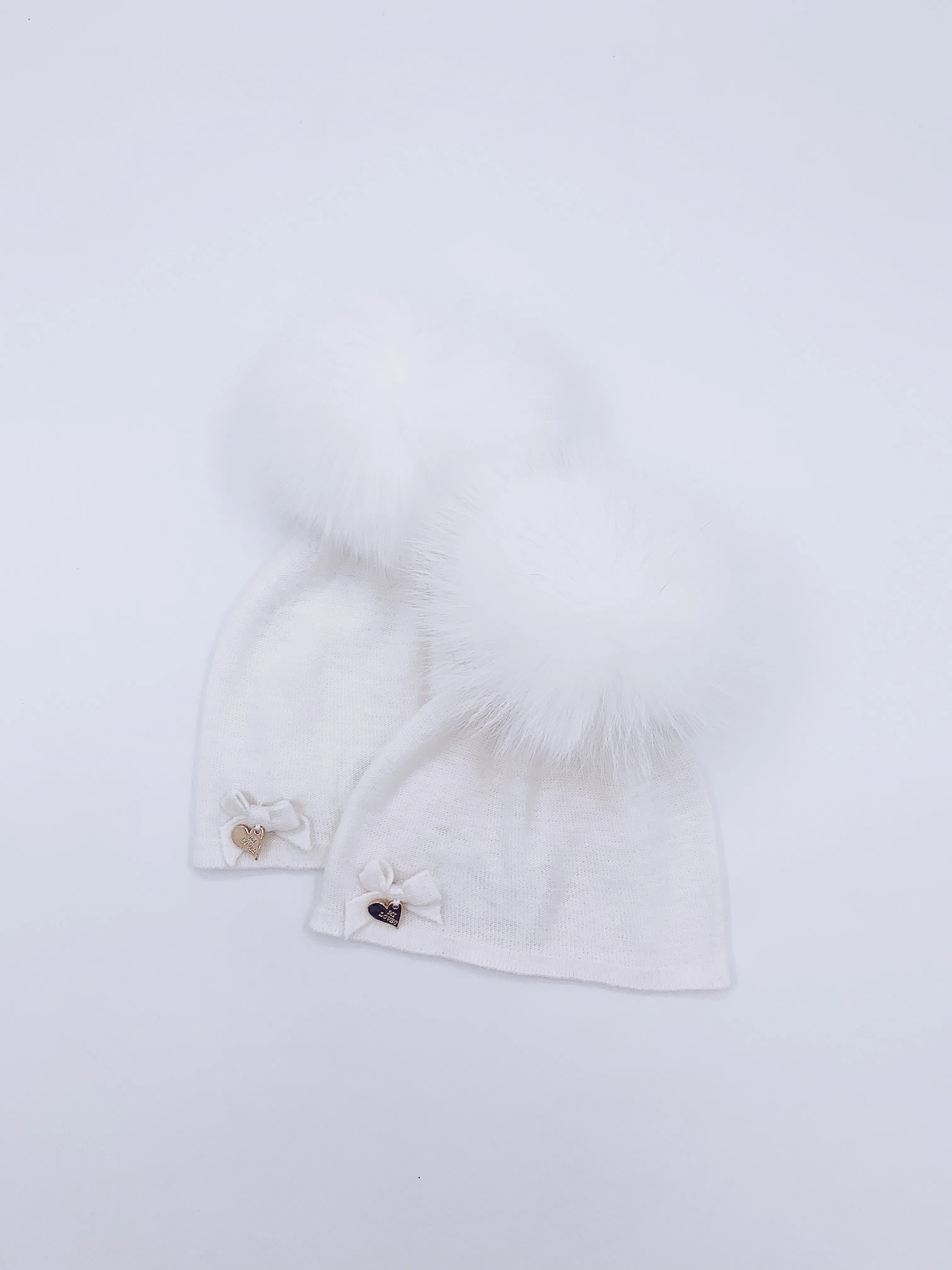 MI LOVES SIGNATURE LUXURIOUS FINE KNIT ANGORA HAT WITH FOX FUR POMPOM (with Bow)