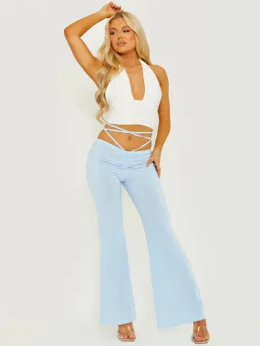 Micia Slinky Ruched Tie Waist Wide Leg Trousers In Blue