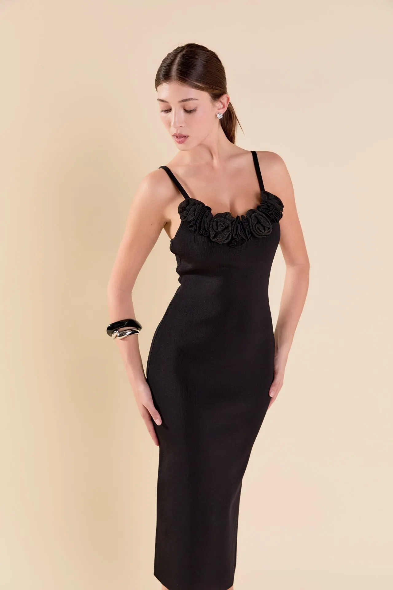 Mixed 3D Flower Knit Maxi Dress