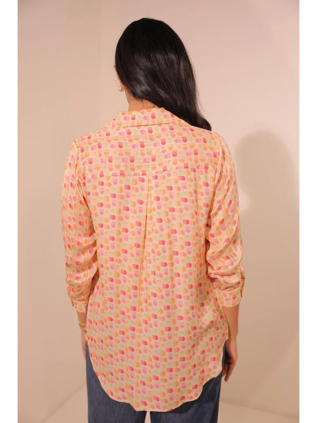 moss crepe printed full sleeve top,yoke hand embellished pleated shirt collar with cuff - Multi