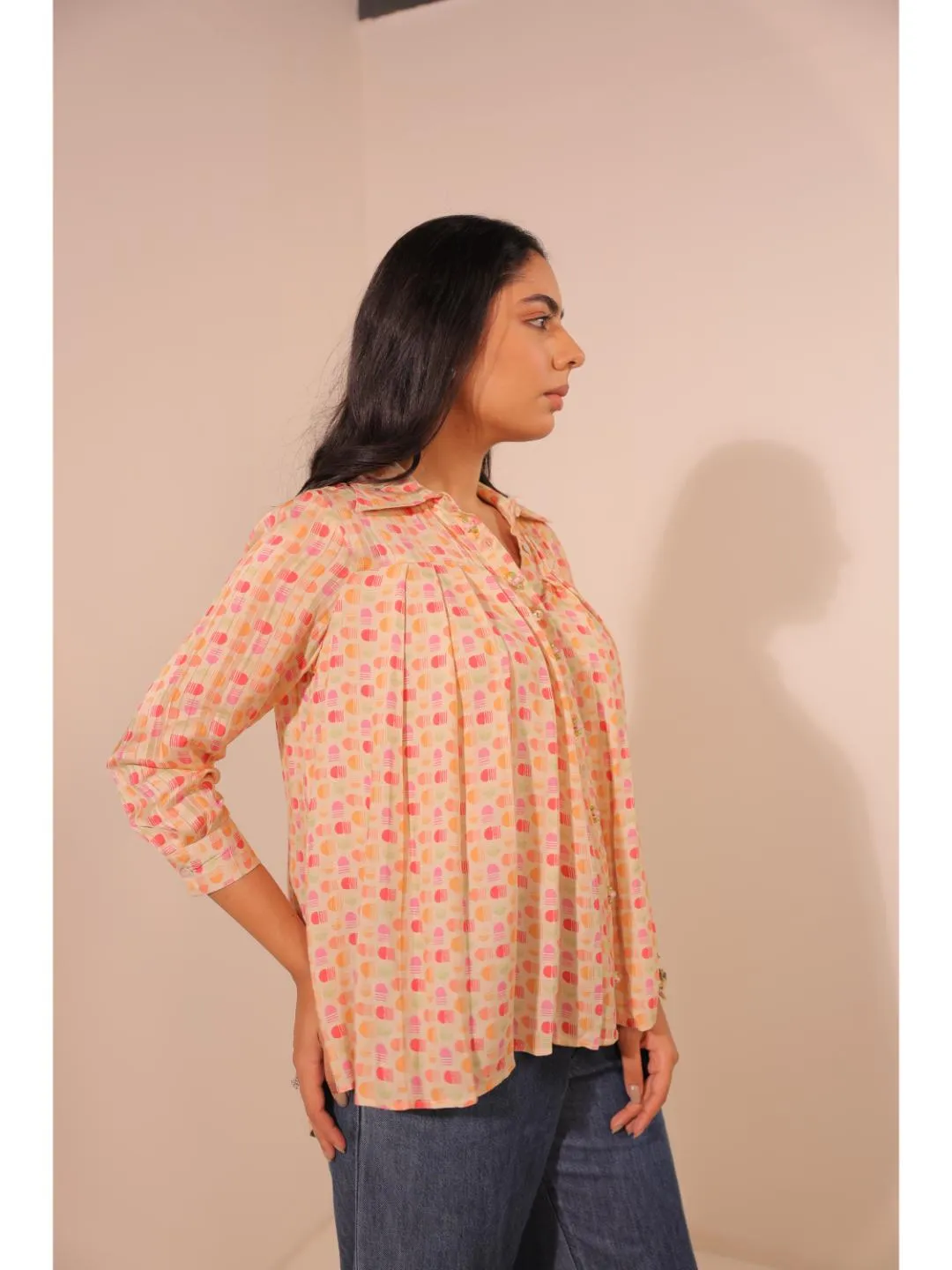 moss crepe printed full sleeve top,yoke hand embellished pleated shirt collar with cuff - Multi