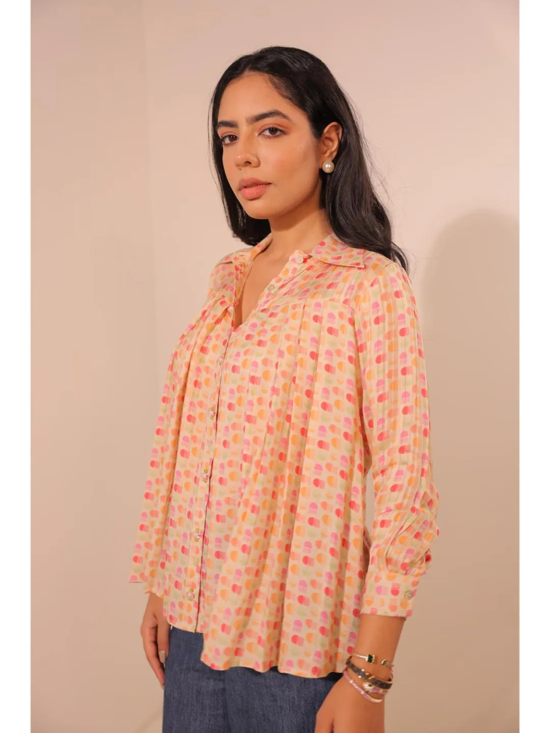 moss crepe printed full sleeve top,yoke hand embellished pleated shirt collar with cuff - Multi