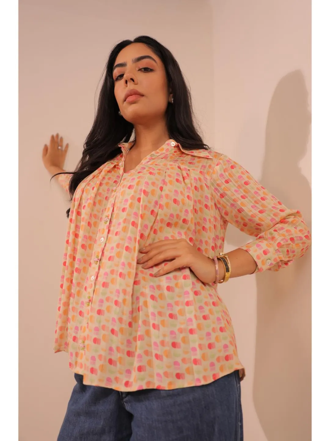 moss crepe printed full sleeve top,yoke hand embellished pleated shirt collar with cuff - Multi