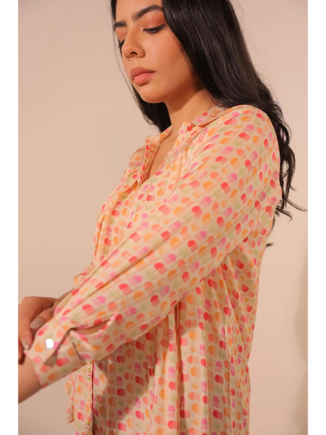moss crepe printed full sleeve top,yoke hand embellished pleated shirt collar with cuff - Multi
