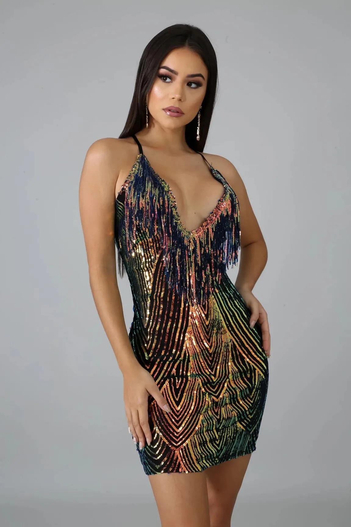 Multicolor v-neck bodycon halter sexy dress