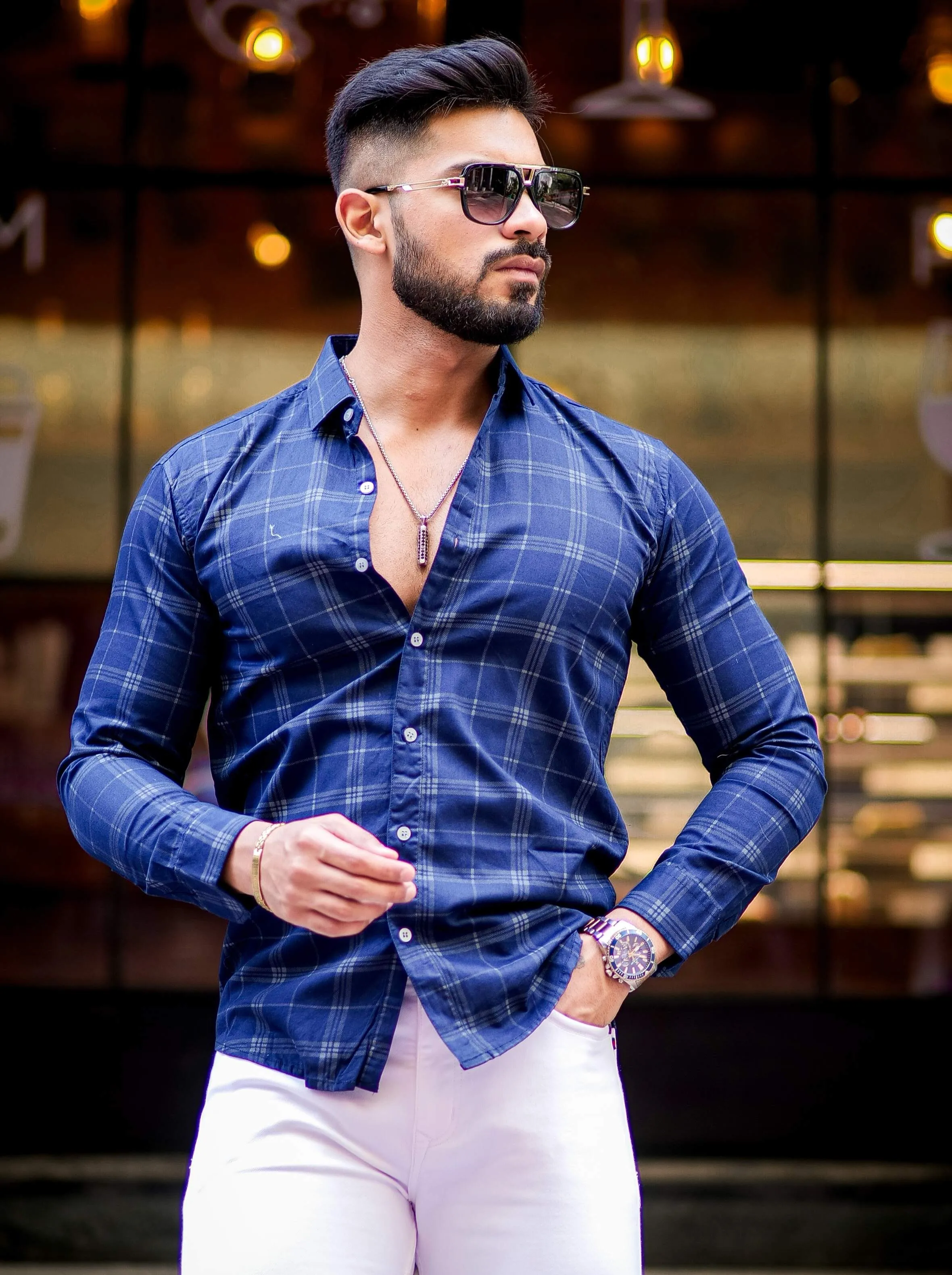 Navy Blue Angel Checkered Cotton Shirt