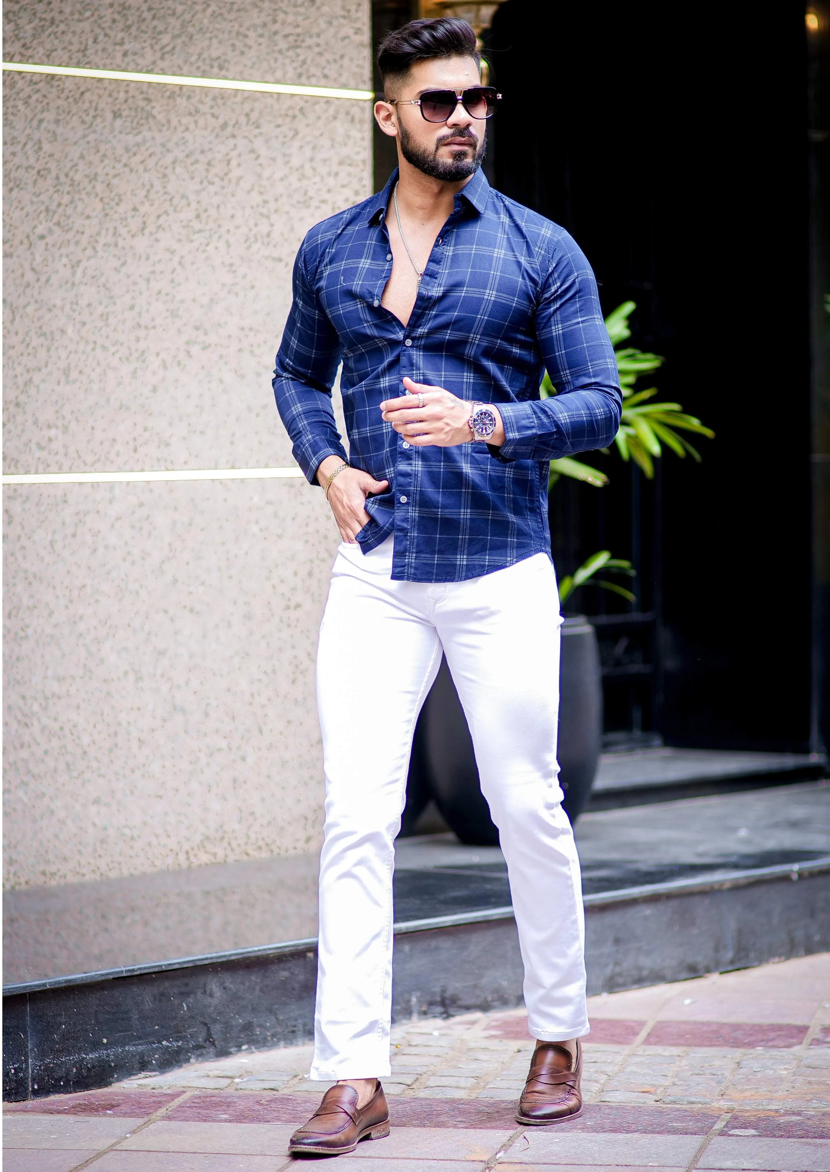 Navy Blue Angel Checkered Cotton Shirt