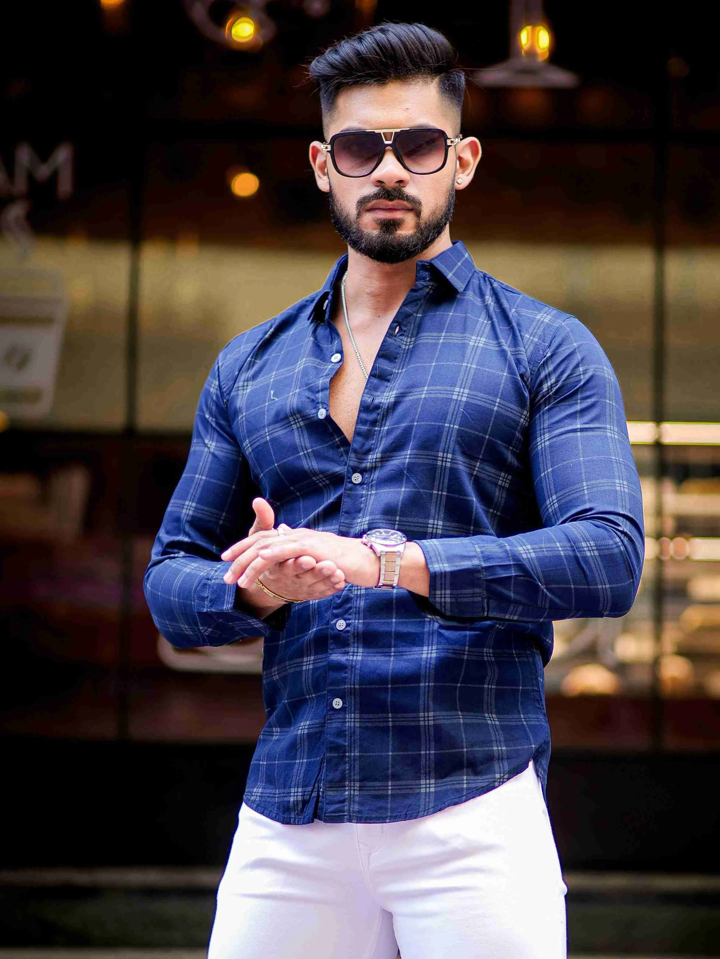 Navy Blue Angel Checkered Cotton Shirt