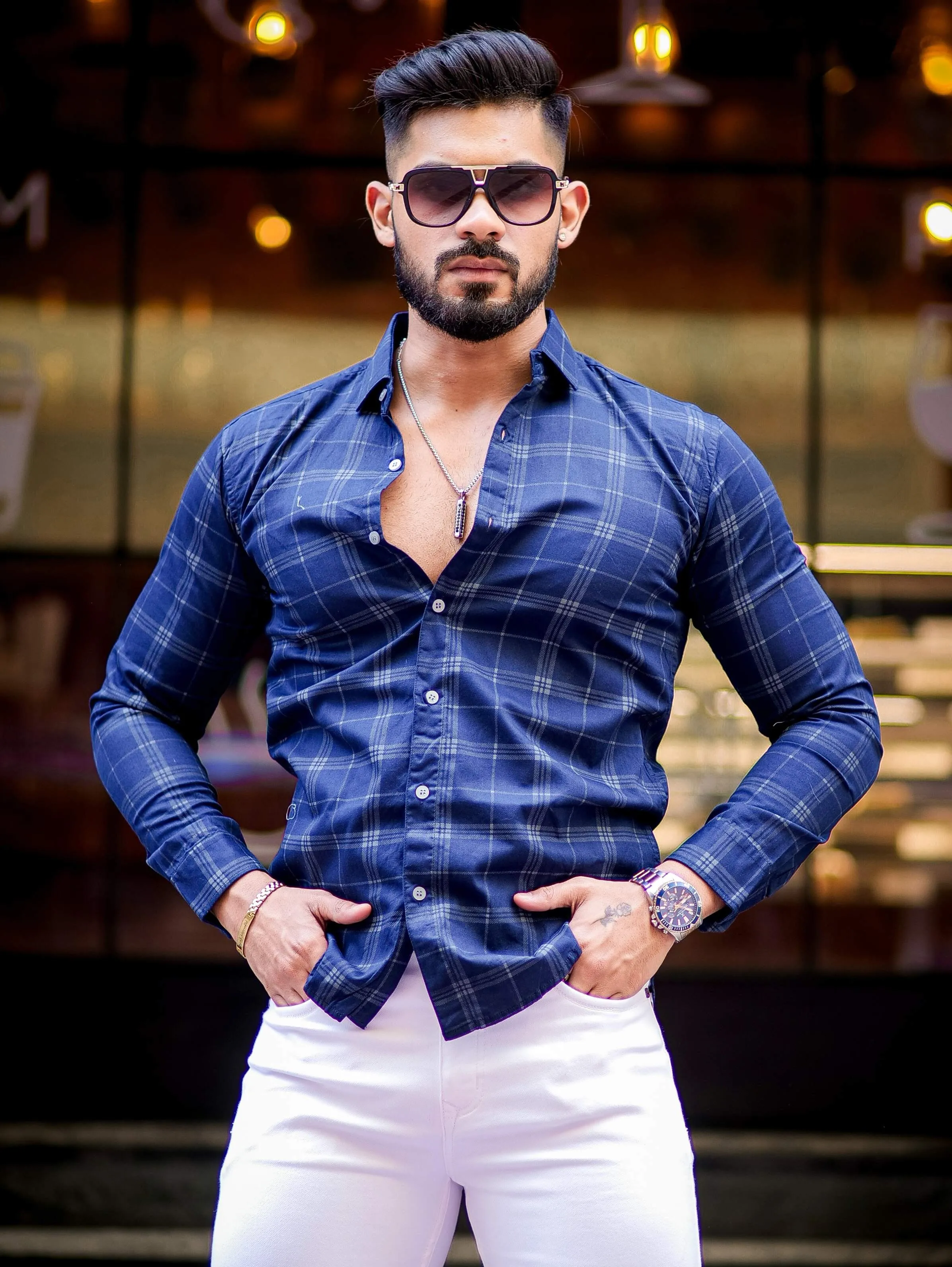 Navy Blue Angel Checkered Cotton Shirt