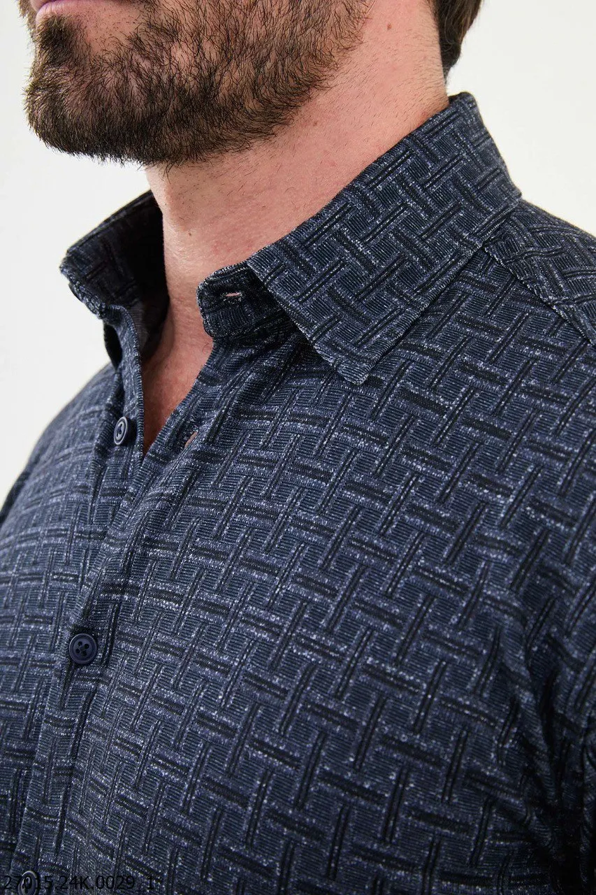 Navy Blue Patterned Long Sleeve Shirt.