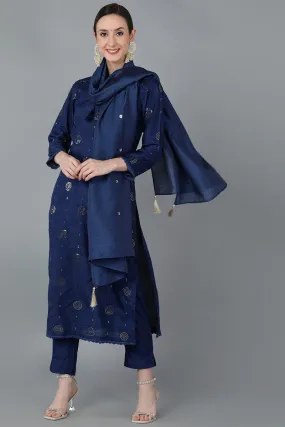 Navy Blue Silk Blend Solid Kurta Trousers With Dupatta