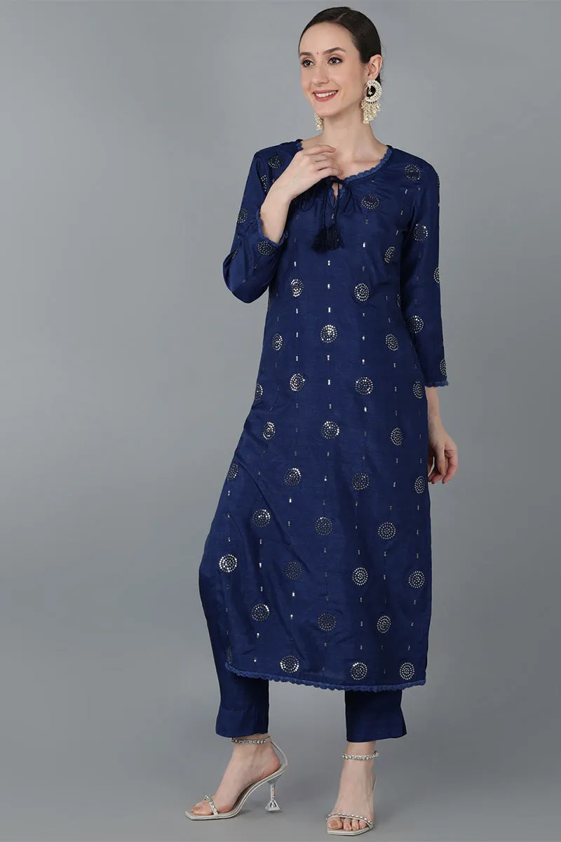 Navy Blue Silk Blend Solid Kurta Trousers With Dupatta