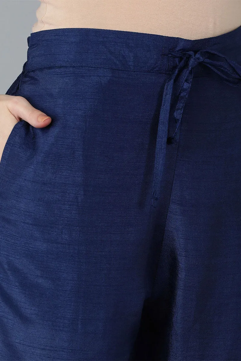 Navy Blue Silk Blend Solid Kurta Trousers With Dupatta