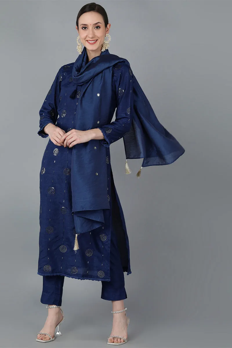 Navy Blue Silk Blend Solid Kurta Trousers With Dupatta