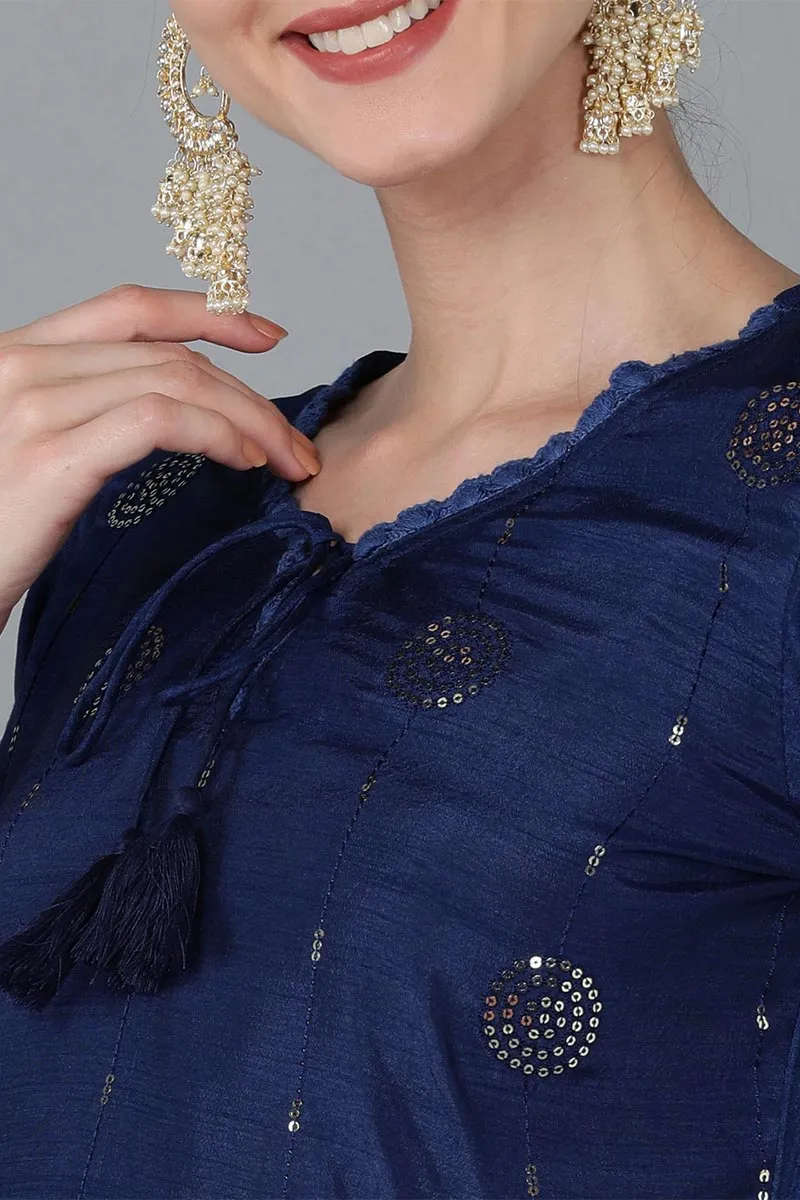 Navy Blue Silk Blend Solid Kurta Trousers With Dupatta
