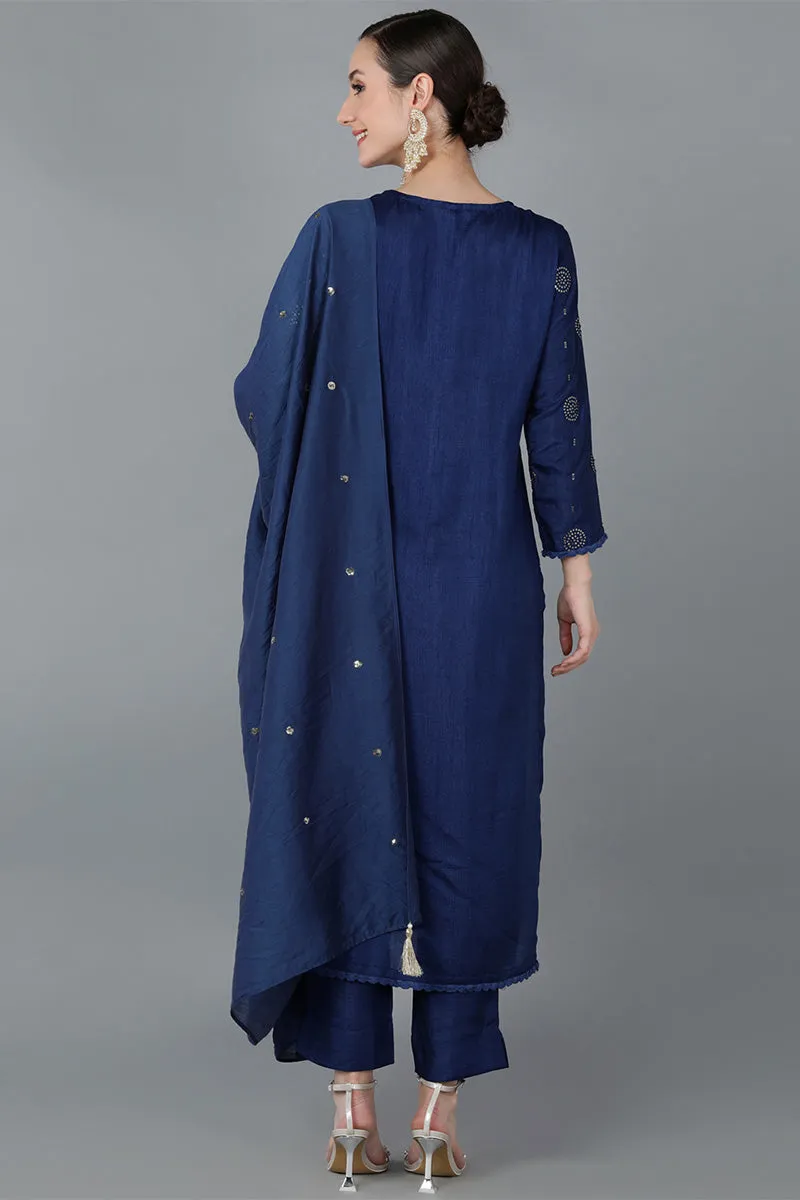 Navy Blue Silk Blend Solid Kurta Trousers With Dupatta
