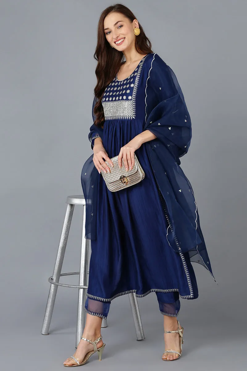 Navy Blue Silk Blend Solid Straight Kurta Trousers With Dupatta