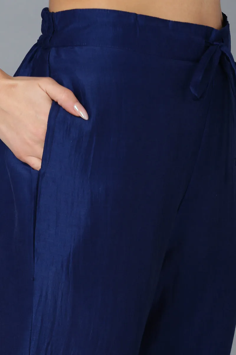 Navy Blue Silk Blend Solid Straight Kurta Trousers With Dupatta