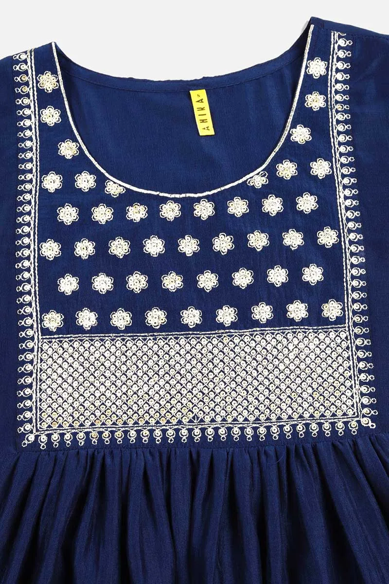 Navy Blue Silk Blend Solid Straight Kurta Trousers With Dupatta