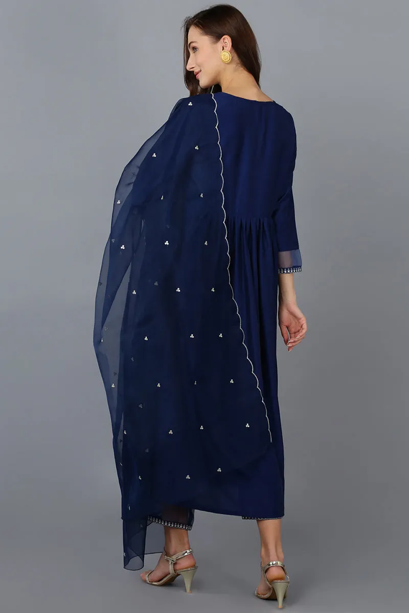 Navy Blue Silk Blend Solid Straight Kurta Trousers With Dupatta