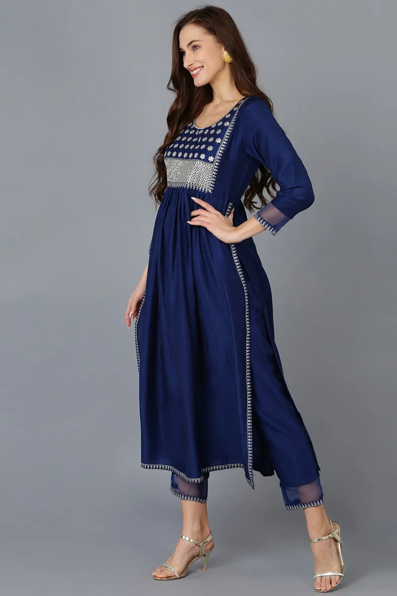 Navy Blue Silk Blend Solid Straight Kurta Trousers With Dupatta