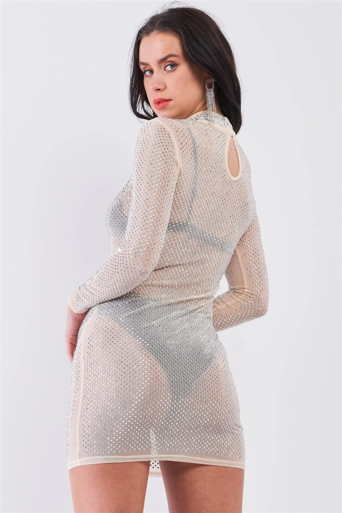 Nude Rhinestone Myriad Sheer Mesh Long Sleeve High Neck Bodycon Mini Dress