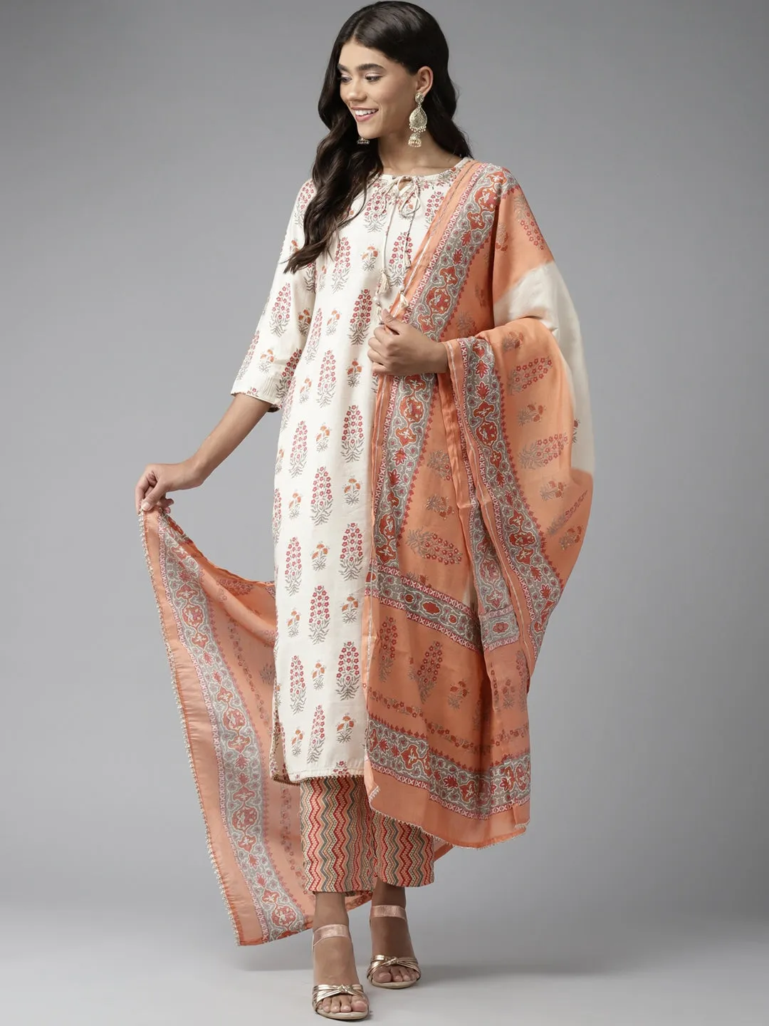 Off White Ethnic Motif Printed Dupatta Set