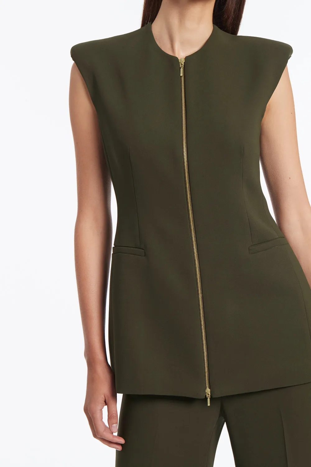 OLIVE FASHIONABLY ZIPPED GILET JACKET