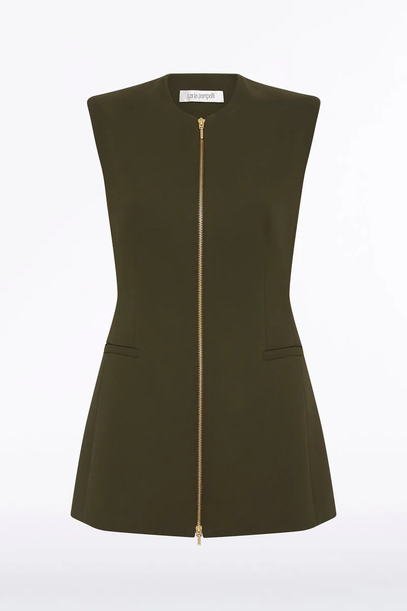 OLIVE FASHIONABLY ZIPPED GILET JACKET