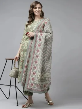 Olive Green Printed Dupatta Set