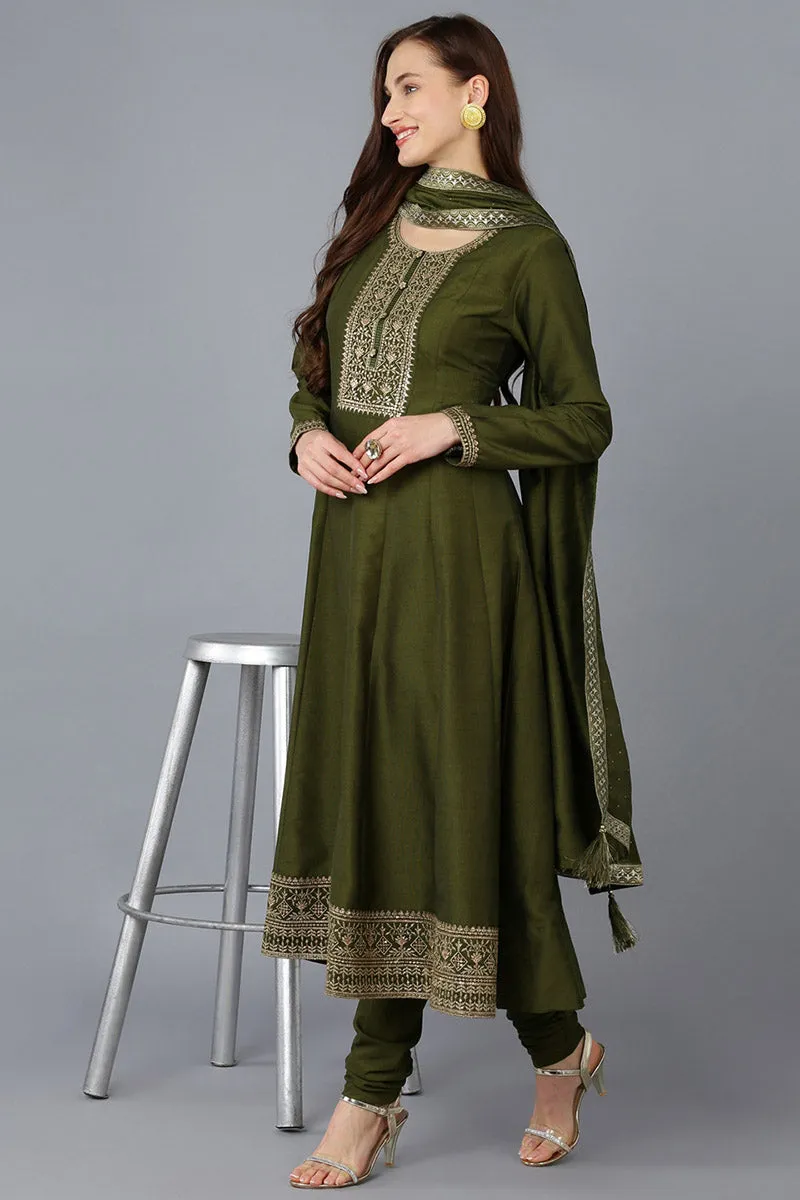 Olive Silk Blend Solid A-Line Kurta Trousers With Dupatta