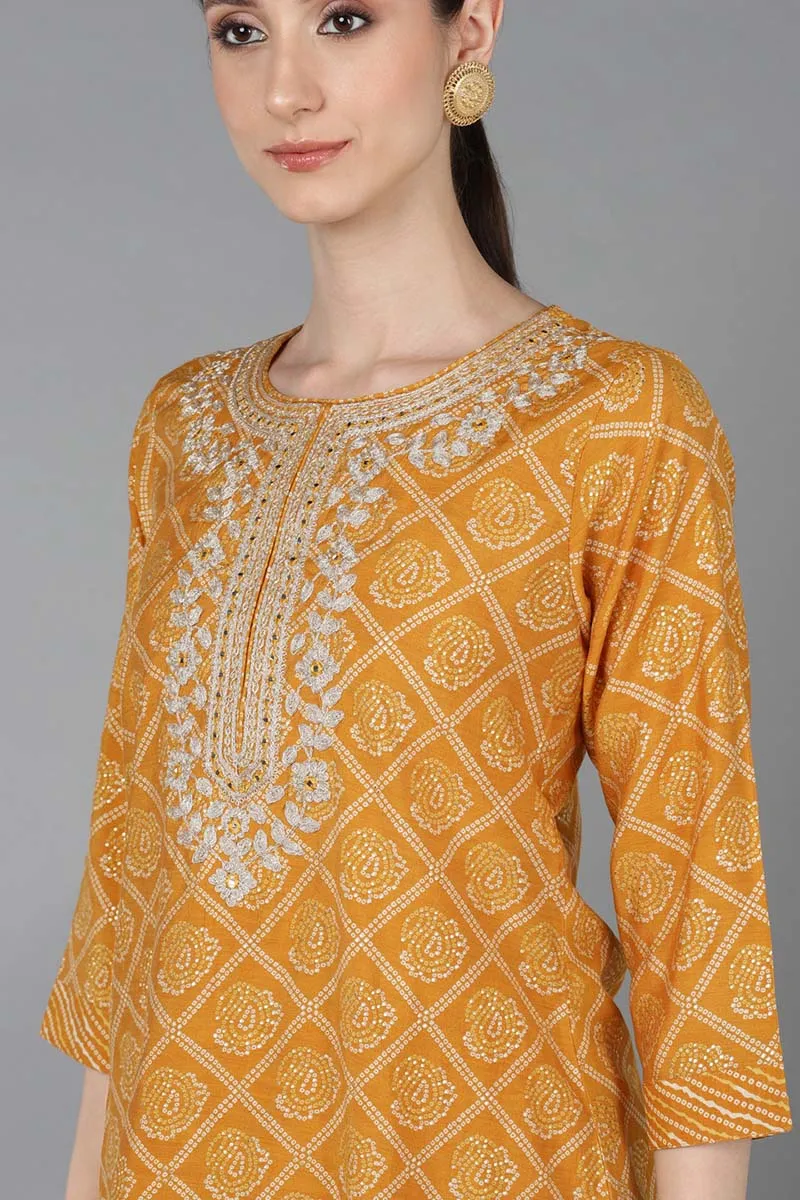 Orange Silk Blend Bandhani Straight Kurta Trousers With Dupatta