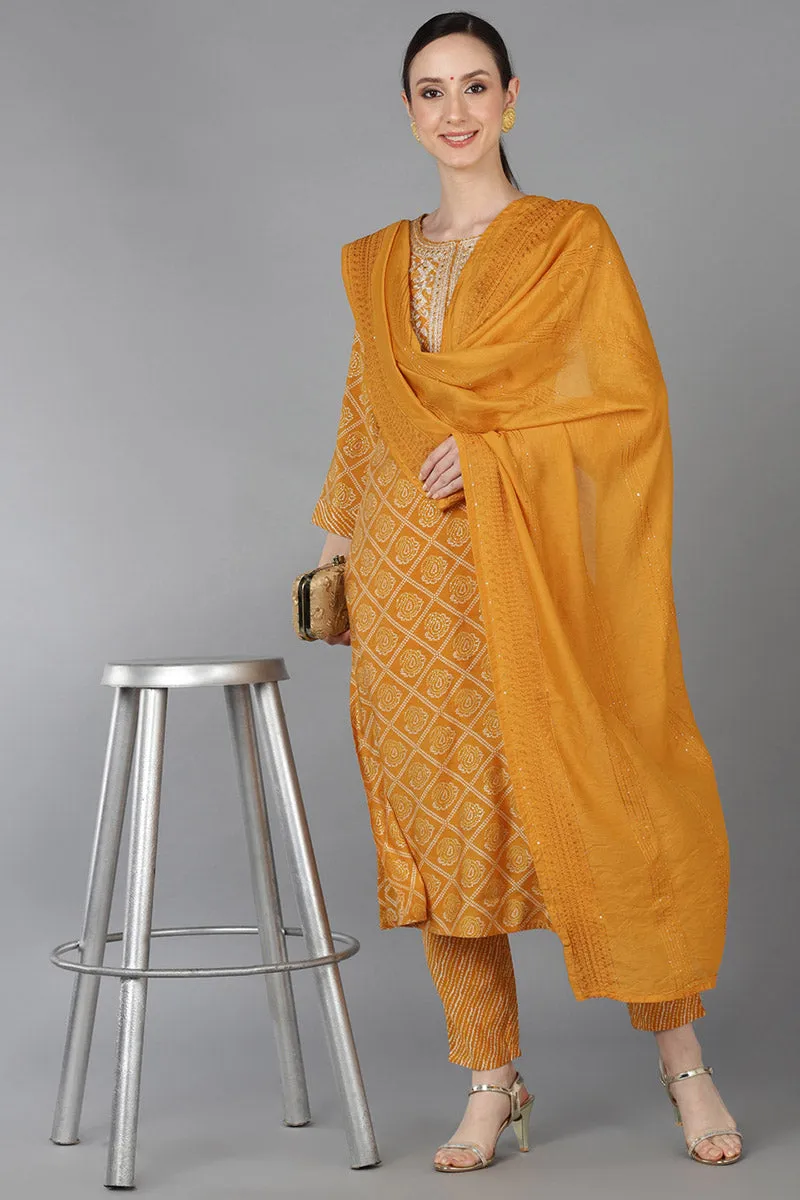 Orange Silk Blend Bandhani Straight Kurta Trousers With Dupatta