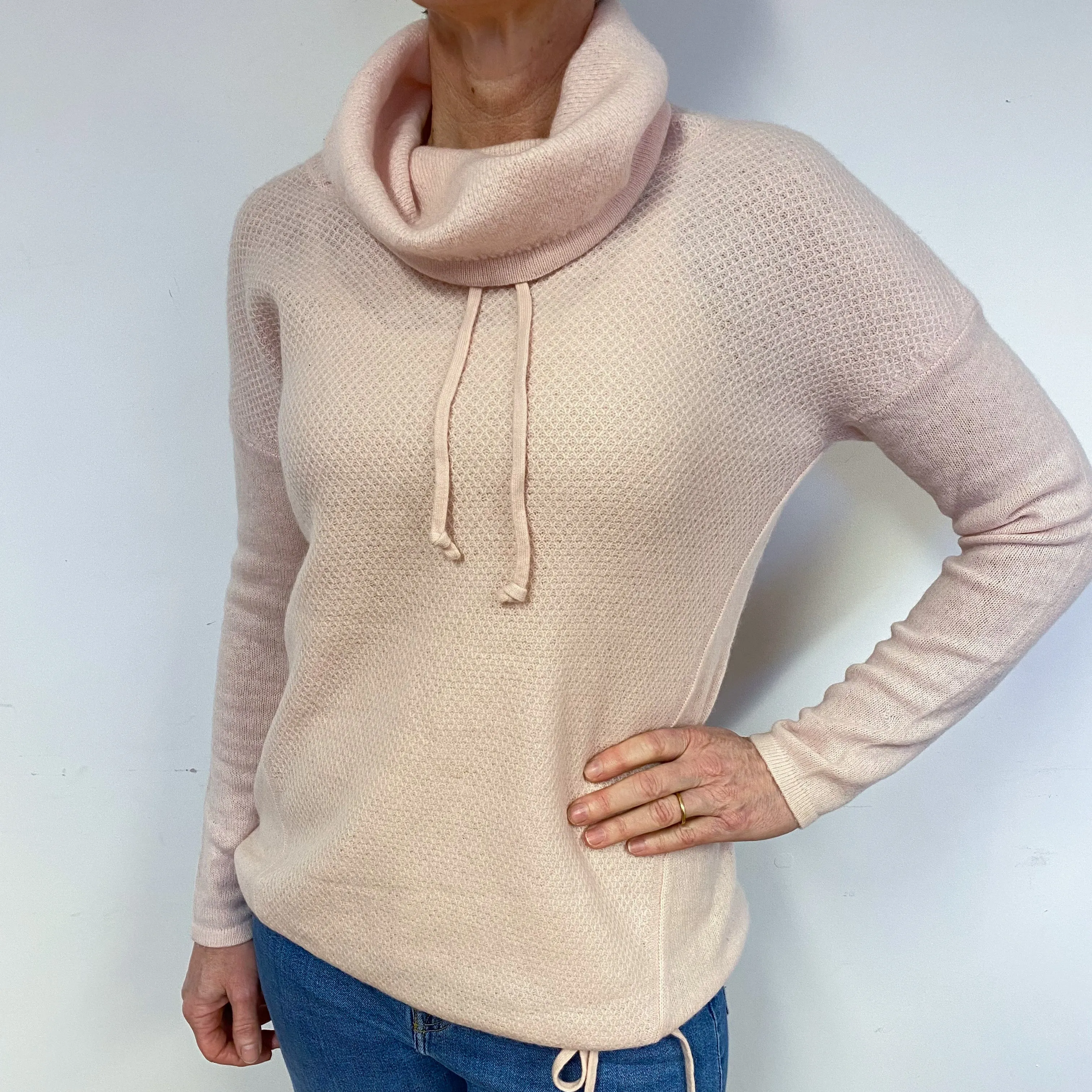Pale Pink Waffle Cashmere Cowl Neck Jumper Medium
