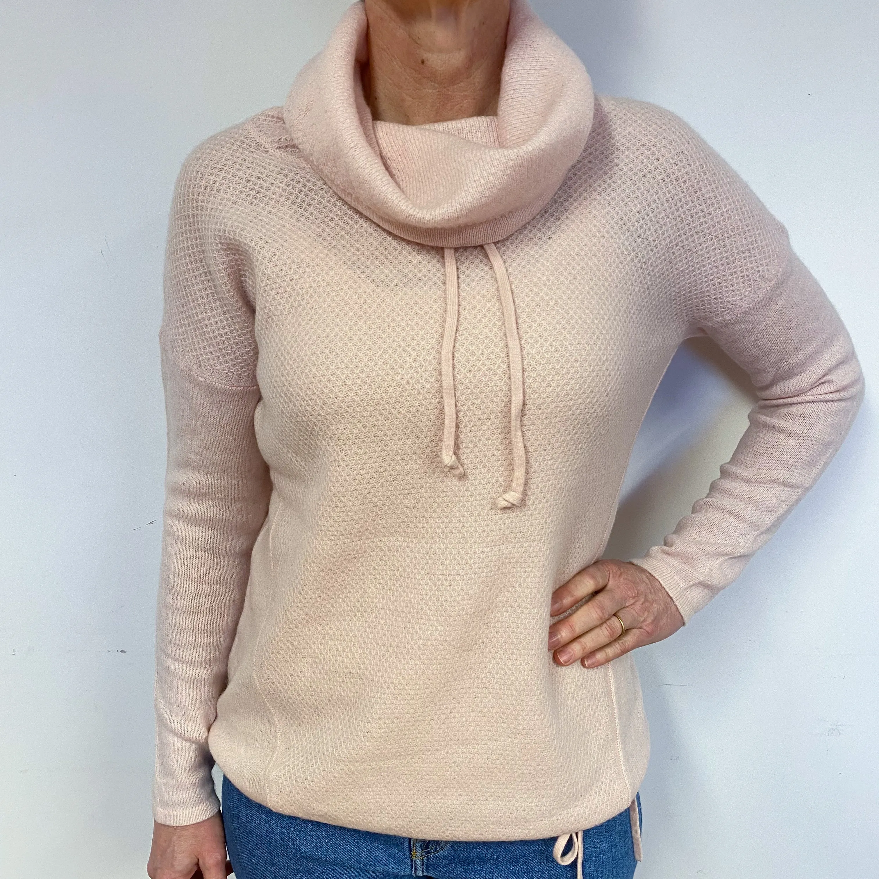 Pale Pink Waffle Cashmere Cowl Neck Jumper Medium