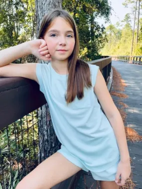 Paper Flower Side Tie Pocket Tank - Blue