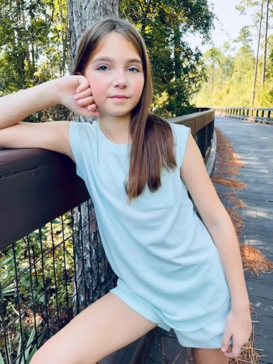 Paper Flower Side Tie Pocket Tank - Blue