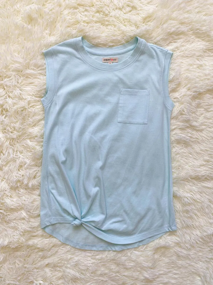 Paper Flower Side Tie Pocket Tank - Blue
