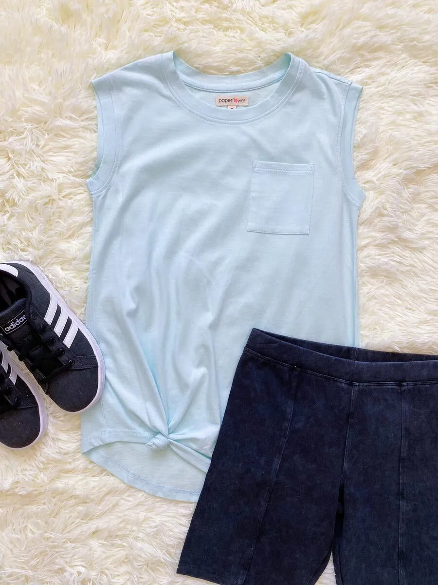 Paper Flower Side Tie Pocket Tank - Blue