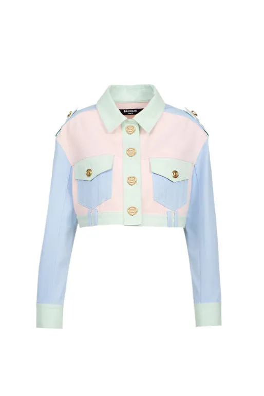 Patchwork Cropped Pastel Denim Jacket