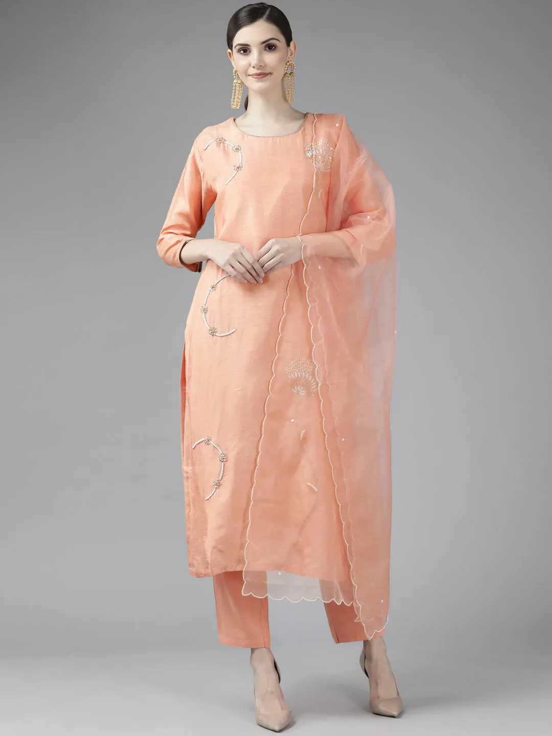 Peach Beads And Stones Dupatta Set