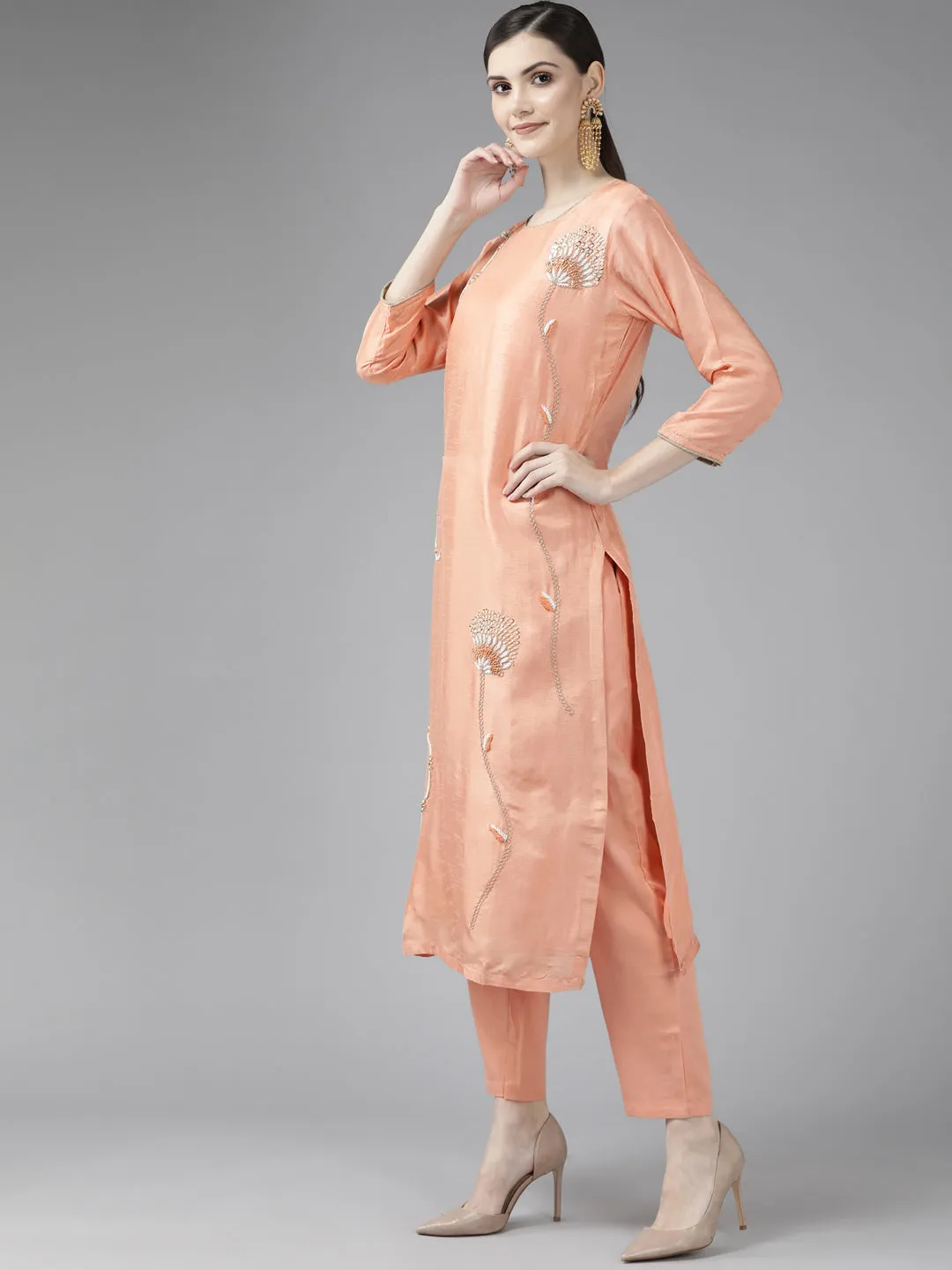 Peach Beads And Stones Dupatta Set
