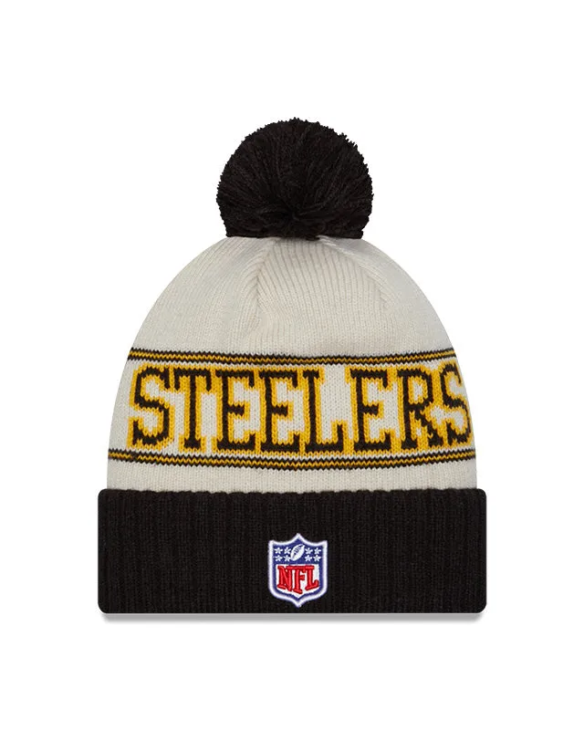 Pittsburgh Steelers New Era 2023 Sideline Historic Pom Cuffed Knit Hat - Cream/Bla