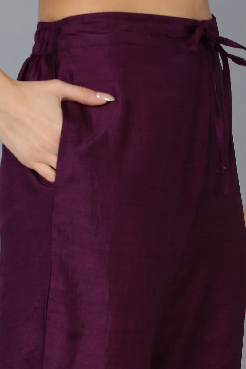 Purple Silk Blend Solid Straight Kurta Trousers With Dupatta