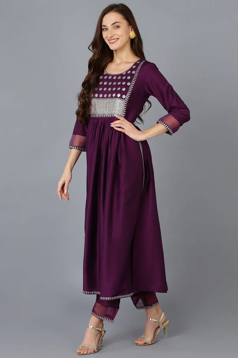 Purple Silk Blend Solid Straight Kurta Trousers With Dupatta