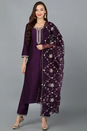 Purple Silk Blend Straight Kurta Pant With Dupatta