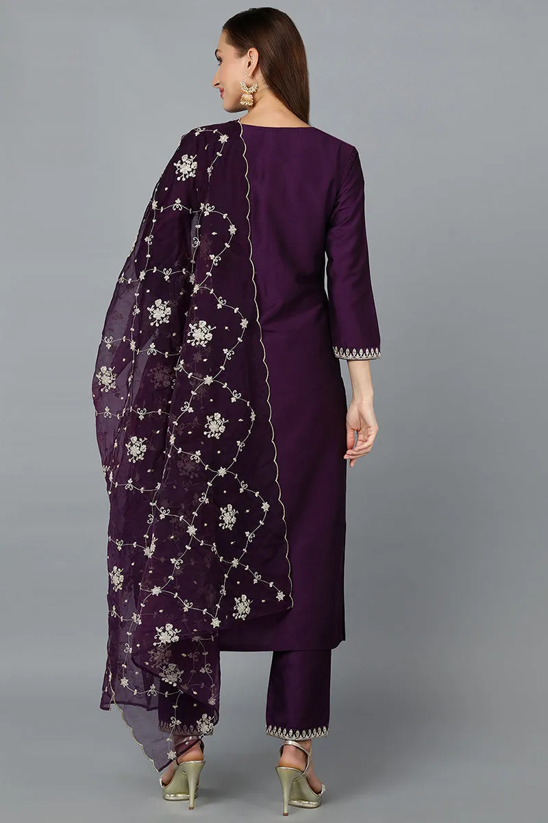 Purple Silk Blend Straight Kurta Pant With Dupatta