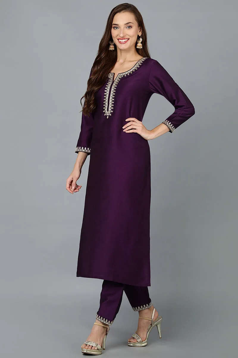Purple Silk Blend Straight Kurta Pant With Dupatta
