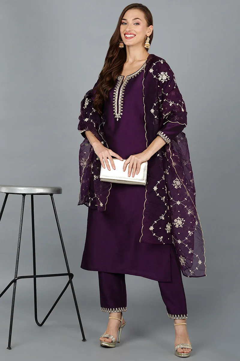 Purple Silk Blend Straight Kurta Pant With Dupatta